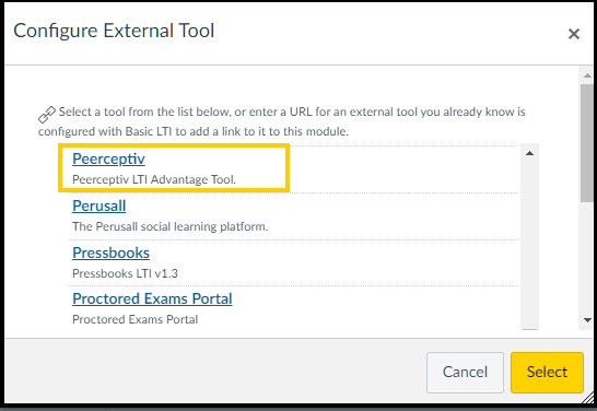 The location of Peerceptiv in the External Tool menu, indicated with a gold box.