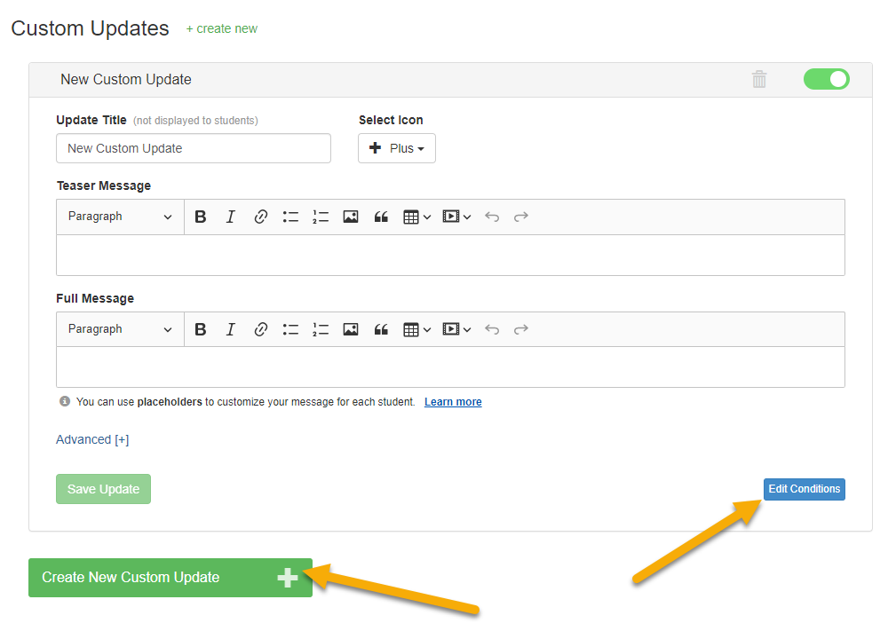 Custom course Updates with arrows pointing out "Create Custom Update" and "Edit Conditions" buttons