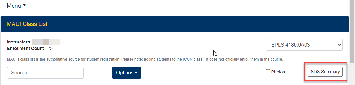 MAUI Class List with a box noting SDS Summary