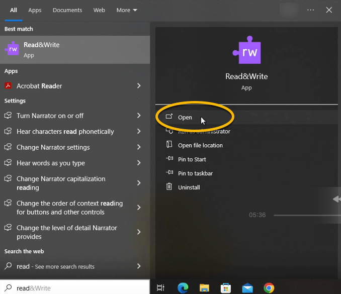 screenshot of searching for Read&Write application in search bar on Windows computer