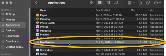 Screenshot of Applications folder on a Mac with Read&Write circled.