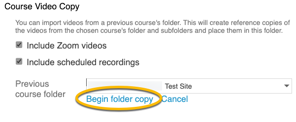 Course Video Copy settings with Begin Folder copy circled