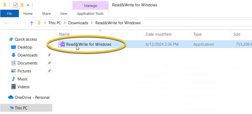 Screenshot of the Read&Write for Windows file in PC downloads.