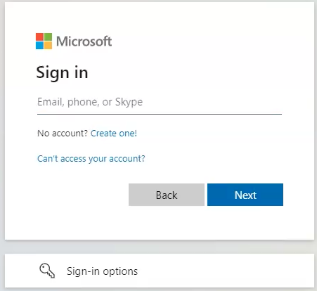 Screenshot displaying sign in for Microsoft, asking for a phone, email, or Skype account. 