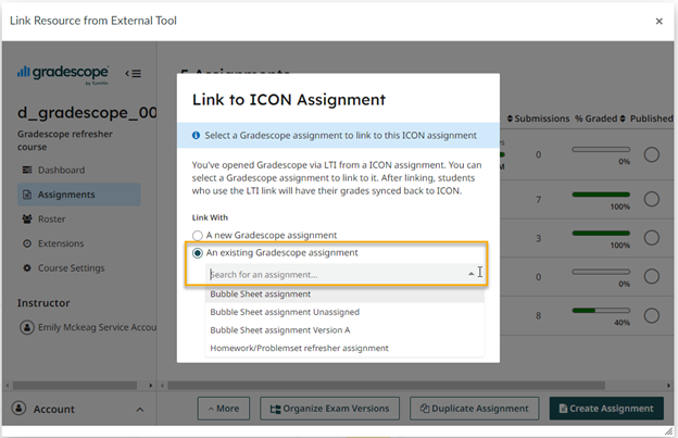 Screenshot showing the options for linking an ICON assignment to a Gradescope assignment.